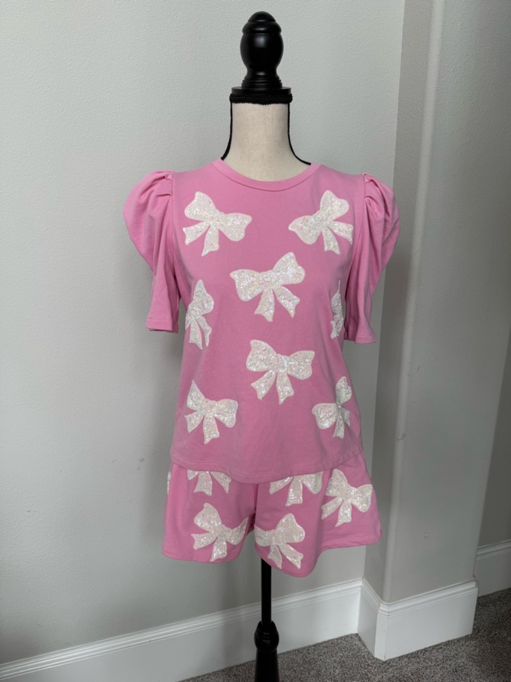 Peach Love California Pink Bow Print Short Sleeve Set